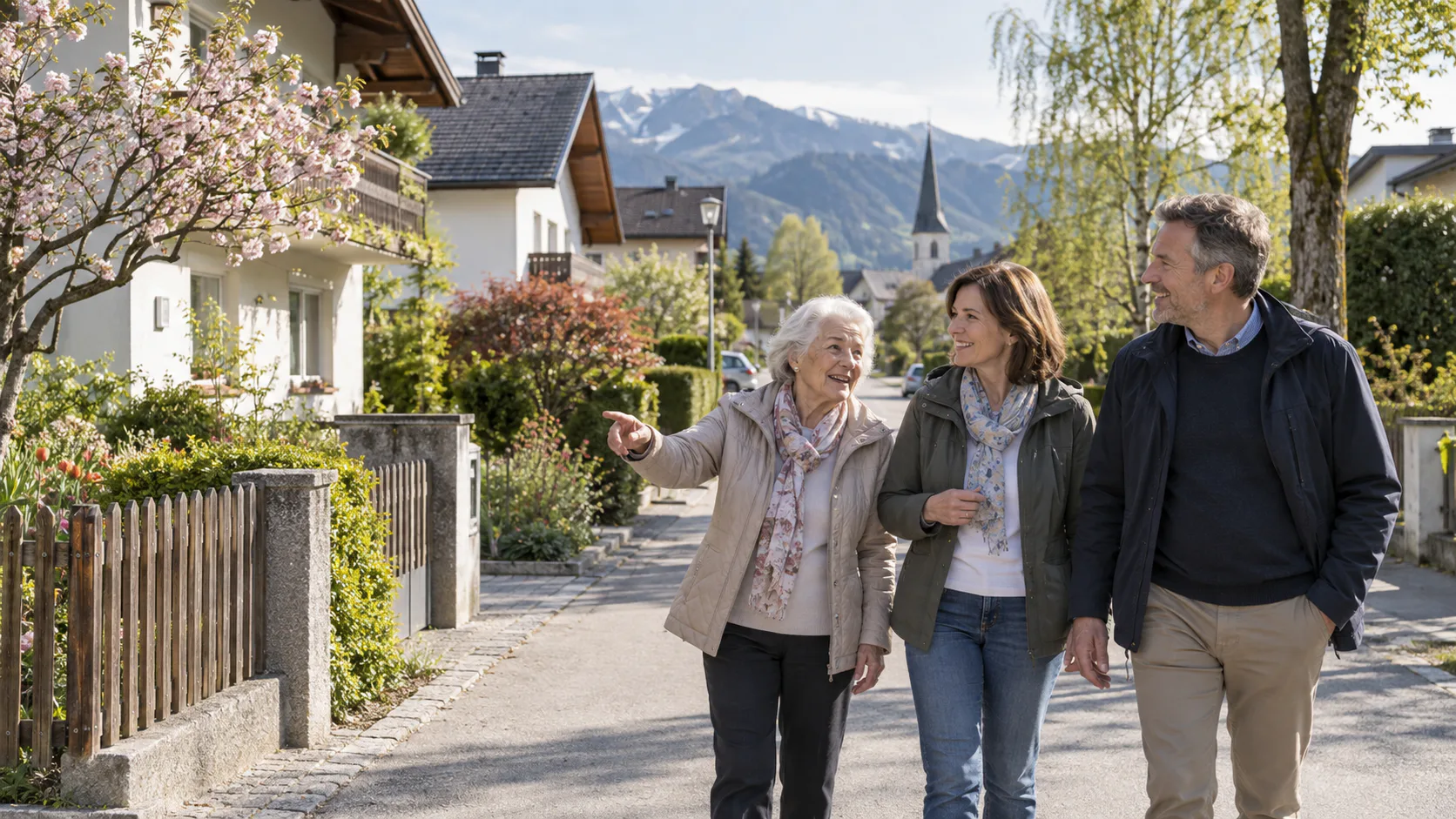 Ältere Mutter geht mit einem erwachsenen Paar durch eine österreichische Wohnstraße